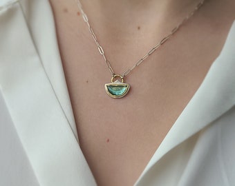 Crescent moon shaped light blue tourmaline necklace. Gold and silver blue tourmaline necklace. Handmade October tourmaline necklace.