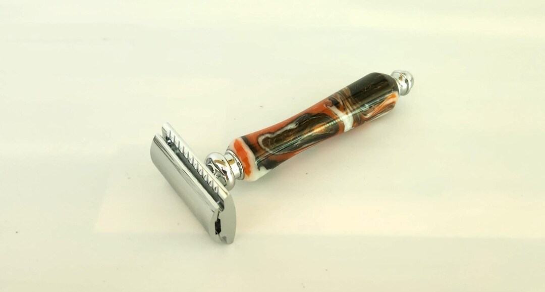 Handcrafted Acrylic Safety Razor With Chrome Stand: Orange Gold Black ...