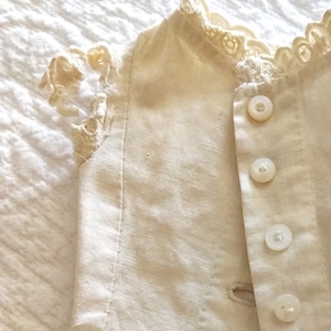 Victorian Doll Camisole Button Front Whitework Embroidery Trim Home Sewn 1880&#39;s 1890&#39;s Underwear