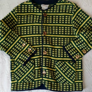 1960s Vintage Mod Children Orlon Sweater Green Blue Yellow Plaid Brass Buttons With Tag