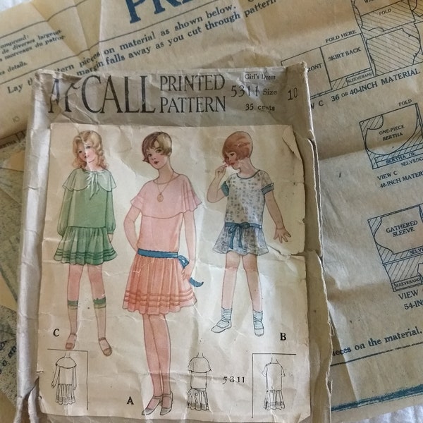1920's McCall 5311 Girl  Pattern Party Dress 3 Views Sewing Printo  Gravure Size 10