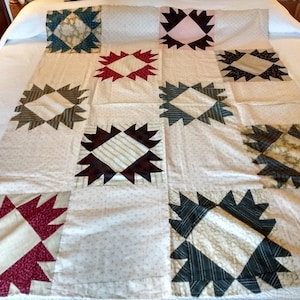Hand Stitched 1920 Calico Delectable Mountain Quilt Top Cadet Blue Maroon Black