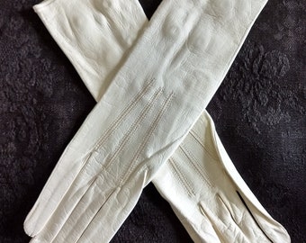 Vintage Pair Leather Gloves Pearl Button Back Phillips Edwardian 1920's White Old Stock