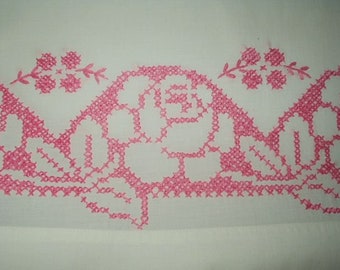 Pillow Case  Vintage 1940's  1950's Rose Flower Cross Stitched Embroidery Single Pillowcase Pink Color