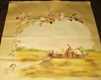 Victorian Chromo Lithograph Printed Pillow Cover Top Farm Under The Old Apple Tree Antique 1900's