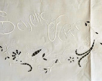 Vintage Italian Embroidery Linen Sham 1900's Whitework With Saying Wedding Pillow Cover