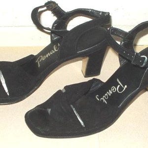 Vintage 1960s Penaljo Shoes Black Suede Strap Twist Peep Toe Leather Heel
