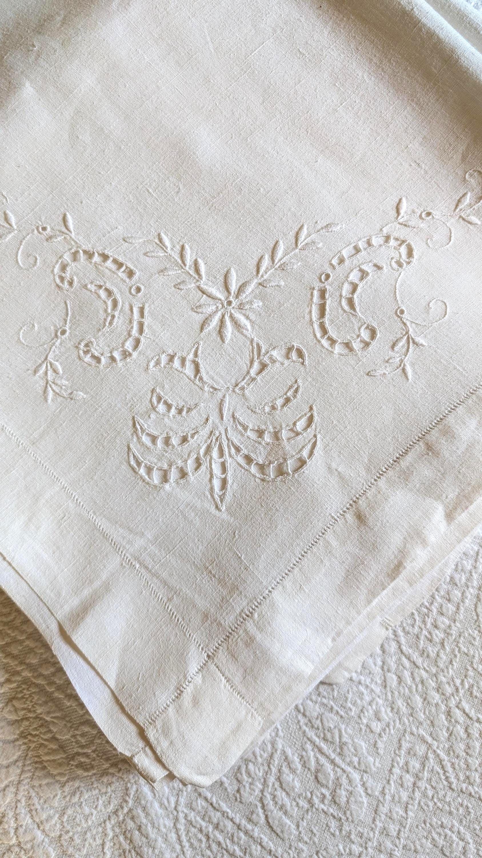 アンティークリネンベッドシーツ 1900年代 モノグラム「R N」カット