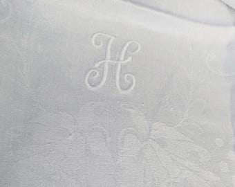 Edwardian Monogram Linen Guest Towel H, Damask Lily, Hand Crochet Pineapple Lace, Antique White