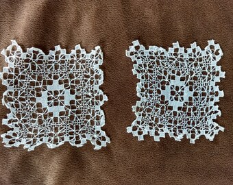 2 Vintage Italian Needlelace Doilies Doily Handmade 1900's Square Table Mat