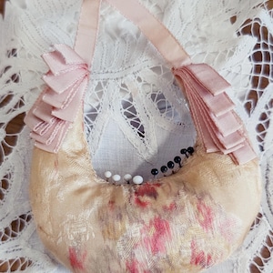 Victorian Pincushion Hand Made Printed Silk Pin Keep Ribbon For Hanging