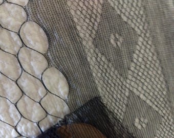 Millinery Veiling Silk 5 Yards 1920's Vintage Black Hexagon Netting Fancy Motif Edging