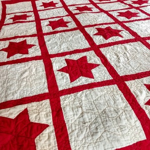 Victorian 1900 Americana Antique Quilt Red White Star Hand Stitched