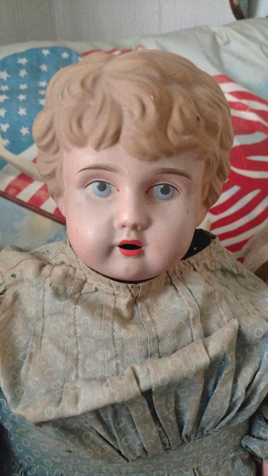 Vintage Compo Cloth Doll Tin Head Blue Calico Dress 1920s AS IS