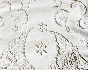 Bed Sheet Vintage 1900's Edwardian Linen Cutwork Embroidery Antique
