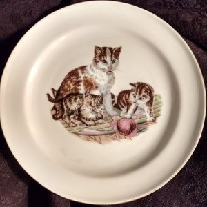 Vintage Czechoslovakia China Plate Mother Cat Kittens Yarn Ball Gold Edging Cat Lover Gift