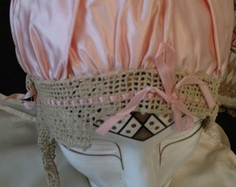 Silk Satin Ribbon Bed Bonnet Vintage Pink Lingerie Crochet Trim Flapper 1920's
