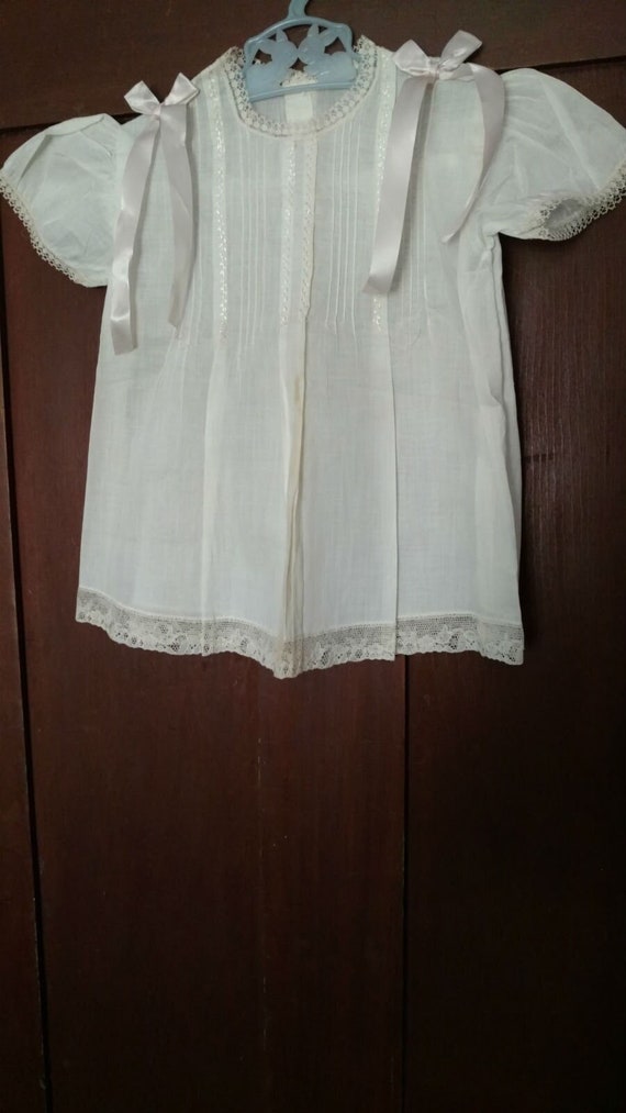 1930's 1940's White Baby Dress Pin Tucks Lace Ribb