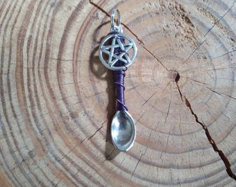 Pentacle Wire Wrapped Mini Spoon Pendant- Custom Color Wire wrapped Spoon- Pentagram - Witch Warlock Style- Spell Work- Elemental- Spoonie