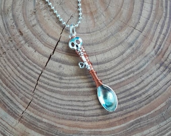 Skeleton Key Wire Wrapped Mini Spoon Pendant Necklace- Custom Color Wire wrap - Witch & Warlock Style- Spell Work- Elemental- Spoonie