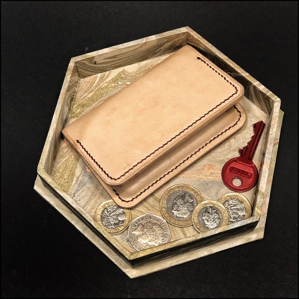 Hexagonal valet tray | Cartonnage | Desk tidy | Gift | Lokta Hand marbled | Gold, copper, green.