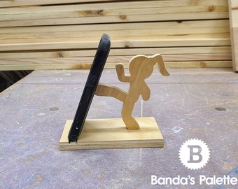 Ninja Kick Wood Phone Holder, Mobile Phone Holder Karate, Wooden Phone Holder, Christmas Gift, Pinterest, Stocking Stuffer, Docking Station