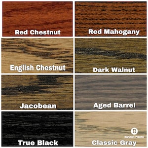 May include: A wood stain colour chart with ten different wood stain colours. The colours are: Red Chestnut, Red Mahogany, English Chestnut, Dark Walnut, Jacobean, Aged Barrel, True Black, and Classic Gray.
