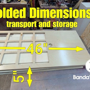 May include: A folded wooden panel with a grid pattern, measuring 46 inches wide and 24 inches tall. The panel is labelled "Folded Dimensions transport and storage".