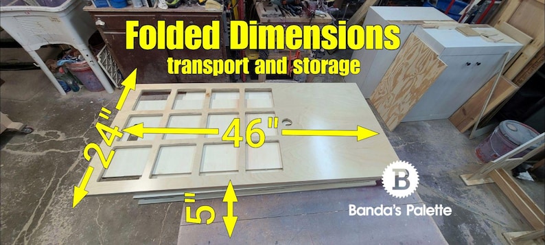 May include: A folded wooden panel with a grid pattern, measuring 46 inches wide and 24 inches tall. The panel is labelled "Folded Dimensions transport and storage".