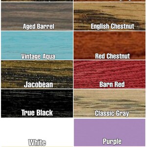 May include: A color palette featuring various wood stain colors and solid paint colors. The wood stains include Dark Walnut, Red Mahogany, Aged Barrel, English Chestnut, Jacobean, True Black, and Classic Gray. The paint colors are Vintage Aqua, White, Yellow, Purple, and Pink.