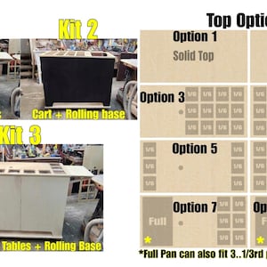 May include: Three different kits for a bar cart with various options for the top. Kit 1 includes a cart and side tables. Kit 2 includes a cart and a rolling base. Kit 3 includes a cart, side tables, and a rolling base. Top options include a solid top, an umbrella, and various configurations of 1/6 and 1/3 pans.