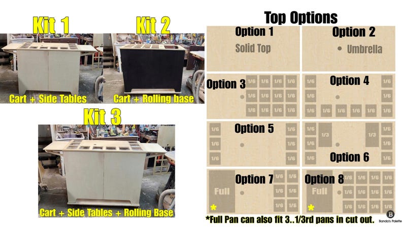 May include: Three different kits for a bar cart with various options for the top. Kit 1 includes a cart and side tables. Kit 2 includes a cart and a rolling base. Kit 3 includes a cart, side tables, and a rolling base. Top options include a solid top, an umbrella, and various configurations of 1/6 and 1/3 pans.