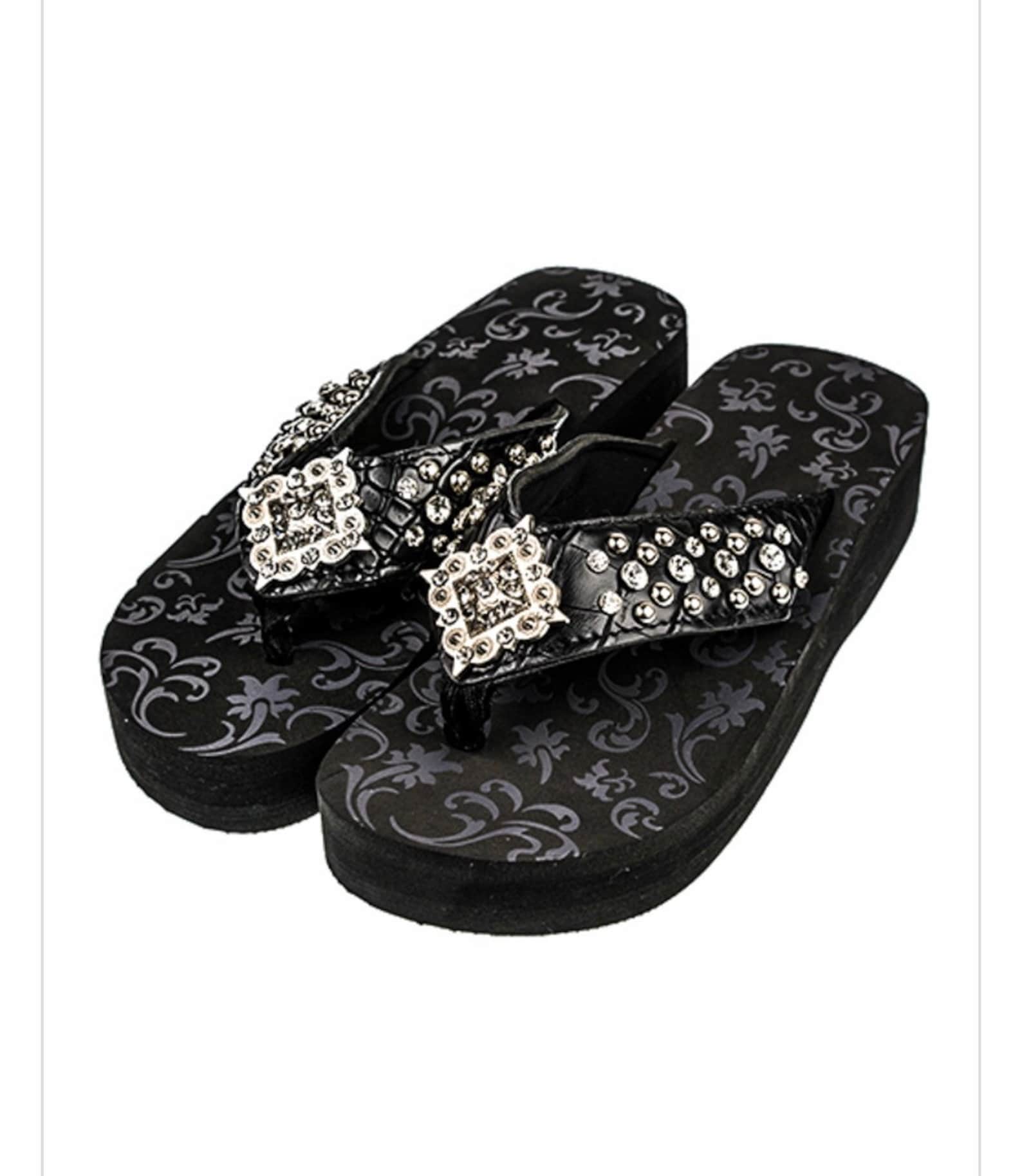 Black Rhinestone Flip Flops Black Sandals Jeweled Flip Etsy