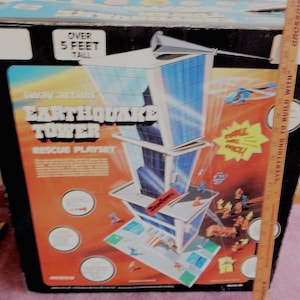 Remco Earthquake Tower, 1976, Rescue playset, includes original box, blue helicopter and some accessories