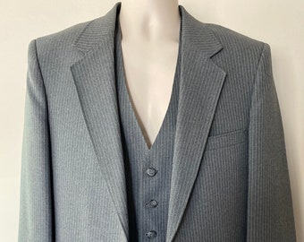 80s men's pinstripe suit, Sears, gray pinstripes, machine washable, 1987