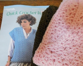 80s crochet ladies vest, two handmade vests, pink vest, brown vest, vest pattern instructions included for three quick crochet styles