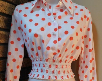 70s crop top with smocked waist, red polka dots, buttoned, collared crop shirt long sleeved, big collar, junior sized