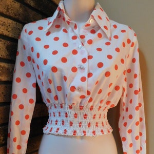 70s crop top with smocked waist, red polka dots, buttoned, collared crop shirt long sleeved, big collar, junior sized