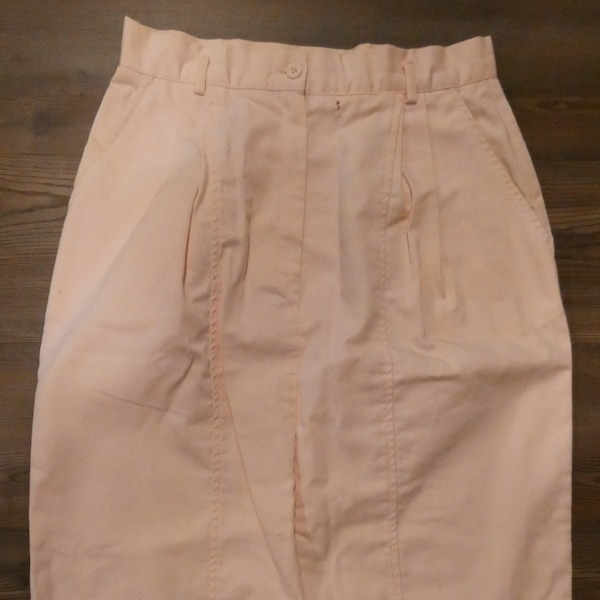 80s pink skirt, Counterparts, front pleats, back darts, pockets, worn condition with small stain, light pink