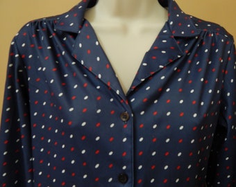 70s secretary blouse, The Fashion Place by Sears, red white blue ,dot pattern