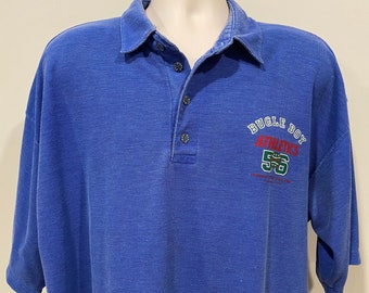 80s Bugle Boy polo shirt, Athletic 56, blue polo with Bugle Boy logo,