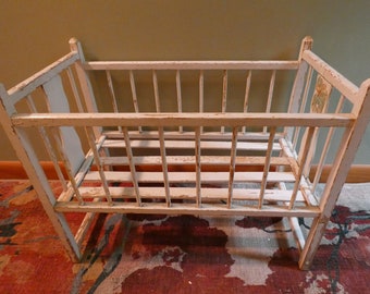 Doll crib, wooden, painted, distressed, white, chipped paint, peeling paint