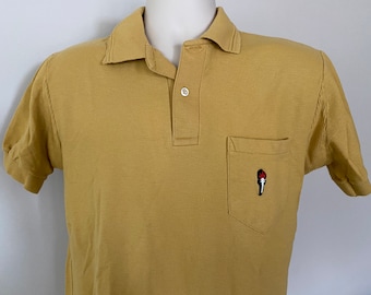 70s men's polo shirt, Royal Knight, mustard color, heavy knit combed cotton, elastic banded sleeves