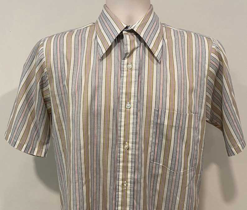 70s men's oxford shirt, half sleeve, Manhattan DQ Originals, striped, big collar image 6