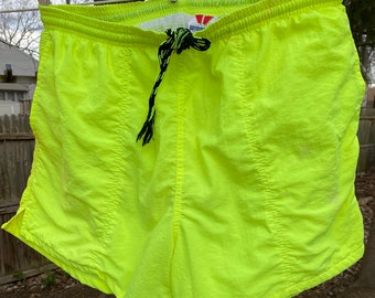 90s men's neon swim shorts, choice of orange or yellow, Winners label,  surf style shorts,  nylon fabric