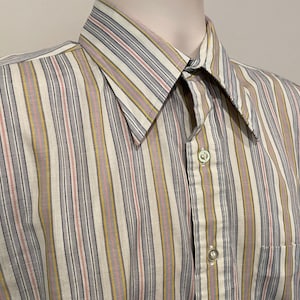 70s men's oxford shirt, half sleeve, Manhattan DQ Originals, striped, big collar image 1