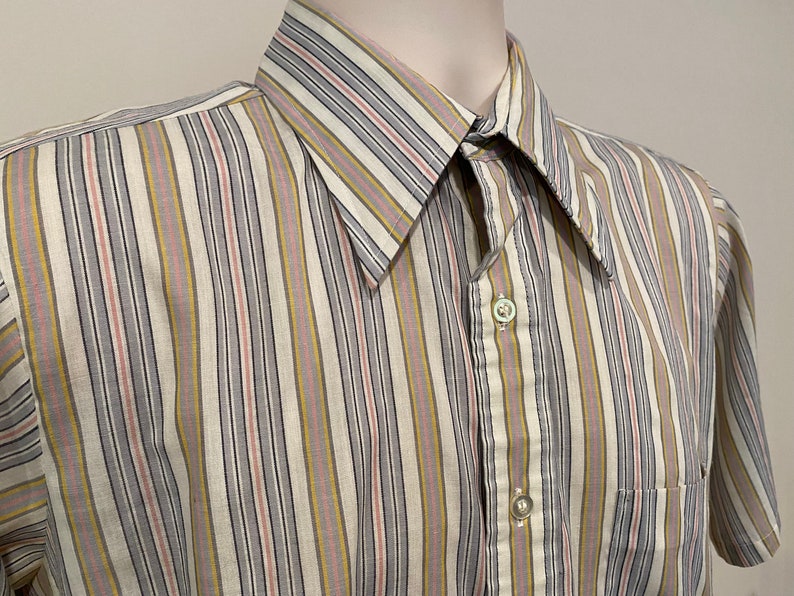 70s men's oxford shirt, half sleeve, Manhattan DQ Originals, striped, big collar image 1