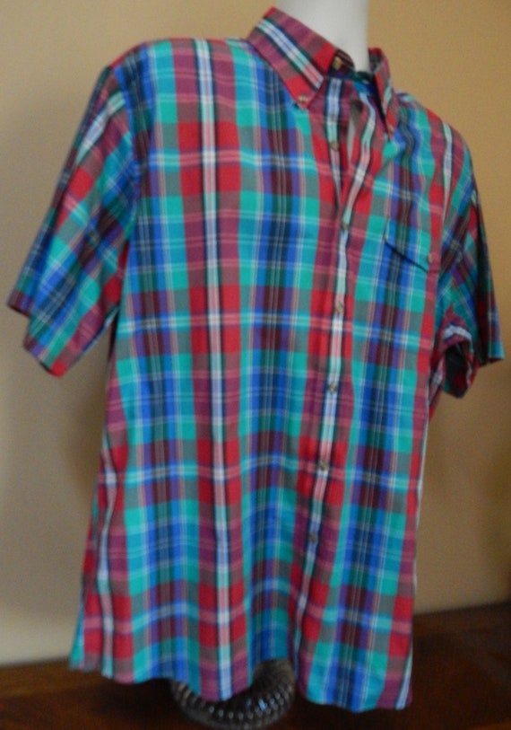 80s 90s madras plaid men's oxford button-down shi… - image 5