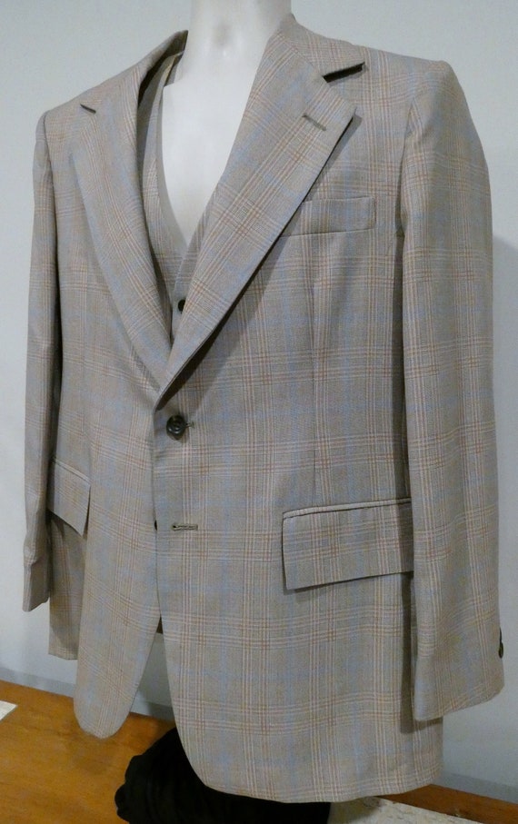 70s 80s men's 3 pc suit, deadstock, glen plaid, Le