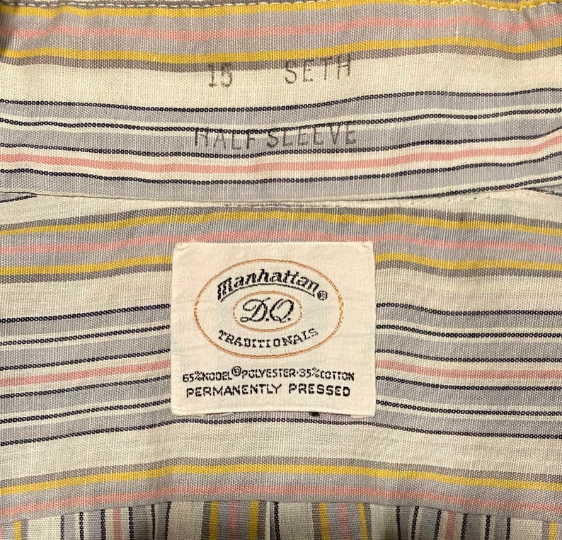 70s men's oxford shirt, half sleeve, Manhattan DQ Originals, striped, big collar image 7